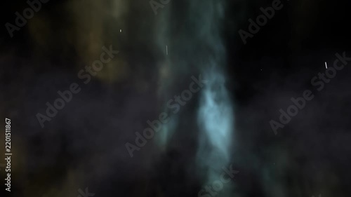 Flickering teal nebula pillar responding to particle burst crossing starfield, with white streaks