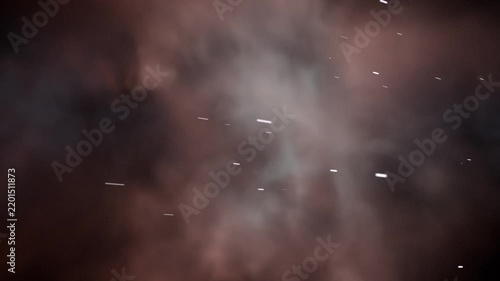 Panning diffuse red-brown nebula in deep space, showing streaking white particles and dark pockets