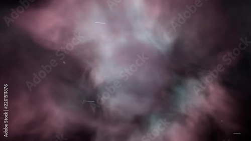 Swirling nebula shifting, reforming in space, camera approaching showing central cavity and streaks