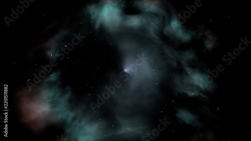 Brightening star sending specks outward, forming expanding nebula in space with teal-pink edges