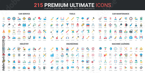 Industry color flat icons set vector illustration. Abstract symbols of tools and equipment for engineering and car maintenance service, machine learning simple design for mobile and web apps
