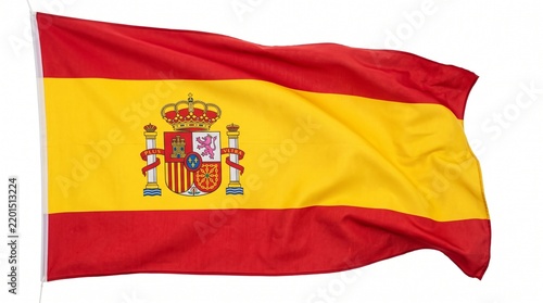 A high quality studio shot of the national flag of spain waving against a clean white background representing pride and national identity