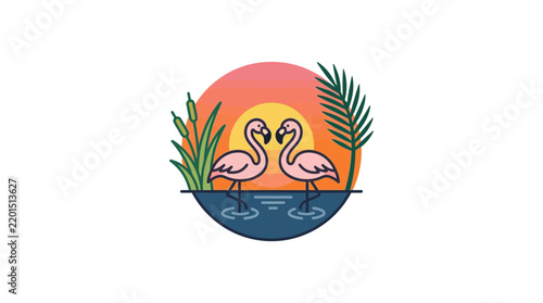 Two pink flamingos in a tropical sunset scene with reeds and a palm leaf, depicted in a flat illustration style.