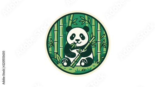 Cute cartoon panda eating bamboo in a circular green frame with bamboo forest background illustration.