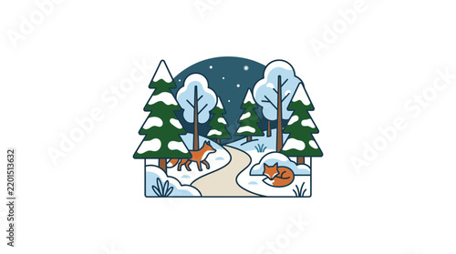A charming illustration of a winter forest at night with snow-covered trees, a winding path, and two foxes, one sleeping and one walking.