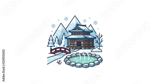 Traditional Japanese building and steaming hot spring in a serene snowy mountain landscape, perfect for winter relaxation.