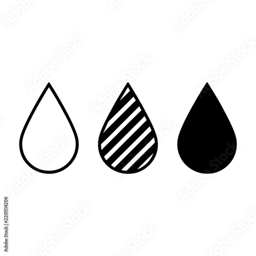 Three stylized water droplet icons in black, striped, and solid colors representing different states or variations.