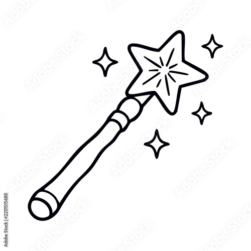 Fotografía Magic Wand Icon - Winking Star Staff Line Art Vector Illustration for Halloween
