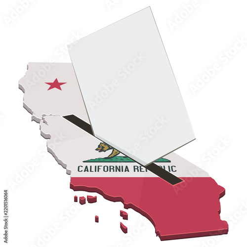 3D illustration symbolizing democratic elections and voting in California, featuring a paper ballot entering into a state map ballot box with the official flag (cut out)