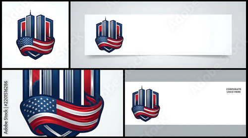 Stylized logo featuring iconic skyscrapers and American flag elements on a clean, minimalistic background suitable for corporate branding with bold colors and a modern graphic design aesthetic