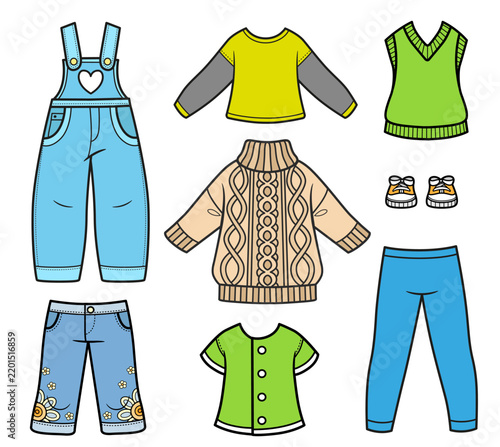 Denim overalls, leggings, embroidered cropped trousers, blouse, long-sleeve top, vest, sneakers on a white background