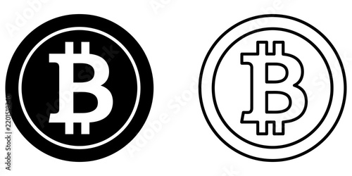 Bitcoin currency coin icon set black lines on clear pixel grid plane.