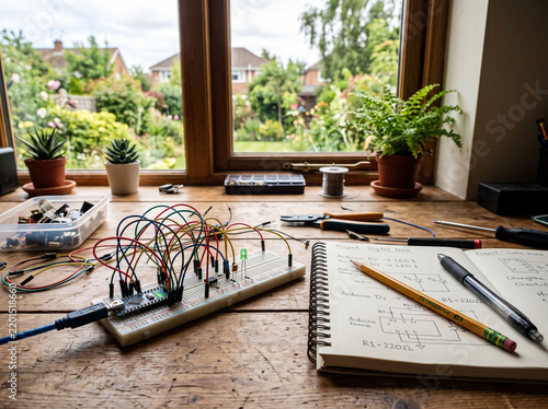 Electronics prototyping board with microcontroller and schematic diagram on wooden desk.