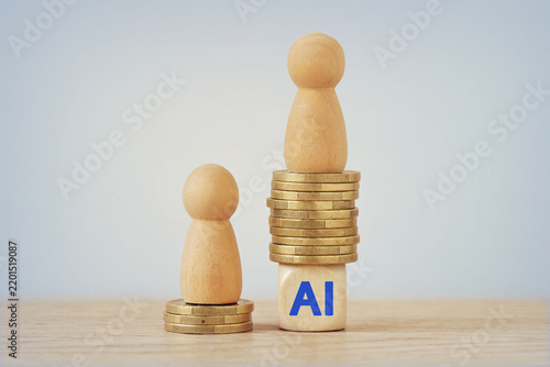 Pawn on big pile of coins and wooden block with the text AI and pawn on small pile of coins - Concept of AI, earning opportunities and financial issues