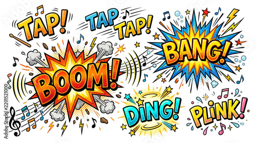 Musical and percussive comic sound effects with note symbols.