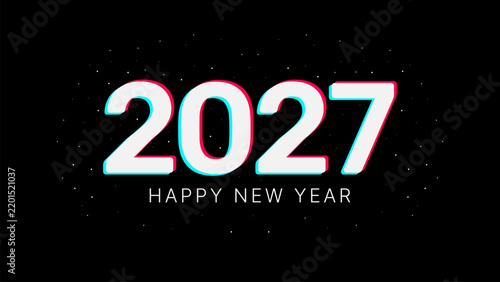 2027 Happy New Year Typography Design with White Cyan and Pink on Black Background
