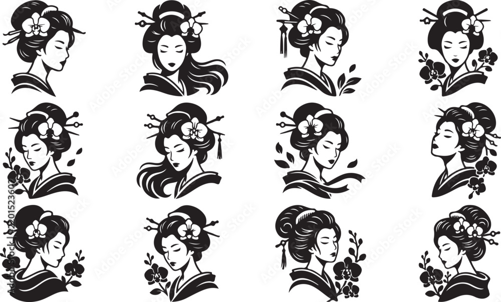 Obraz premium Twelve black and white of japanese geisha portraits decorated with tropical orchid flowers and hair accessories
