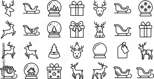 Vector line icon set of Christmas holiday reindeer santa sleigh snow globe gift box festive decoration dashboard widgets UI design.
