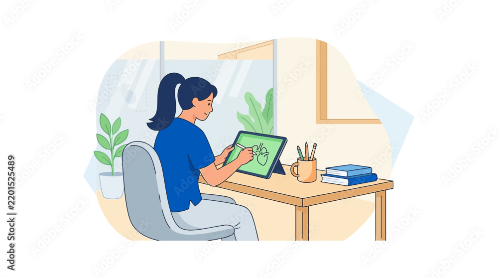 Obraz premium Woman drawing on digital tablet at desk, creative workspace, isolated