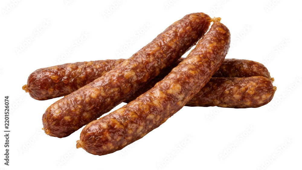 Fototapeta premium Group of four smoked sausages browned and textured, isolated on transparent background