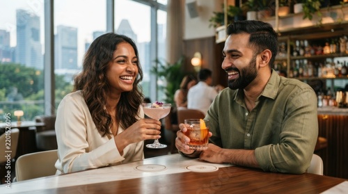 Cheers to Connection: A man and woman share a moment of laughter and connection over drinks at a stylish bar, with a city skyline visible in the background, embodying a relaxed and happy evening.