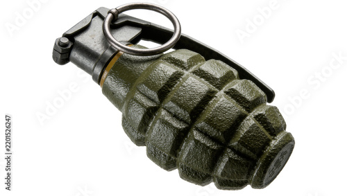 Obraz na plátně Olive green fragmentation hand grenade with metal safety lever and ring, isolate