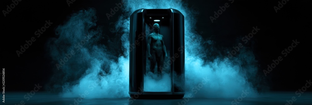 Naklejka premium A sleek dark cryotherapy chamber displays a glowing figure inside. The atmosphere is filled with cool blue mist, highlighting recovery concepts.