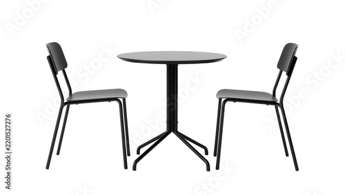 Modern black round cafe table with two chairs, isolated on transparent background