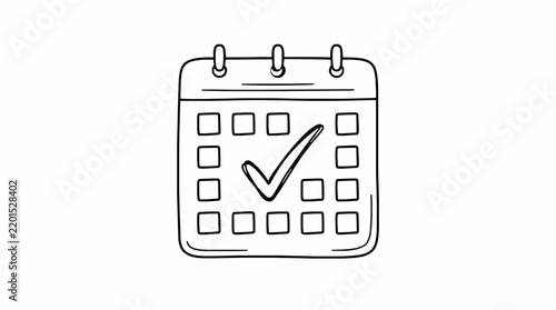 A hand drawn calendar icon featuring a large checkmark symbol on a white background with illustration calendar page