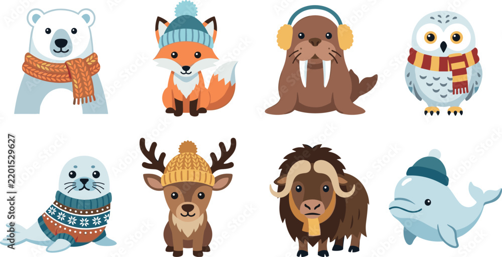 Obraz premium Cute winter arctic animals vector icon set with polar bear fox walrus snowy owl seal reindeer muskox beluga whale