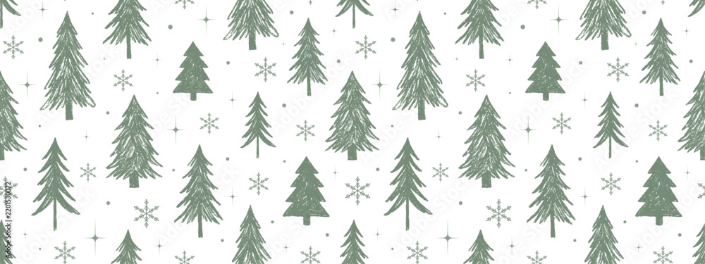 Obraz premium Seamless winter pattern with hand drawn green pine trees and snowflakes vector on transparent background.