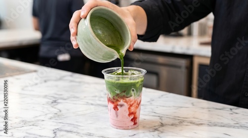 Barista pouring green matcha tea into a fresh strawberry iced latte on a marble counter in a cafe