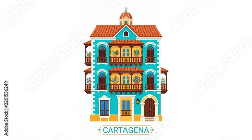 Colorful Colonial Style Building in Cartagena with Bright Blue and Orange Details