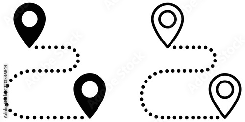 Location pin route icon set black outline design for digital navigation.