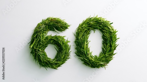 Green tea leaves are arranged to form the number 60 on a white surface, with dark loose-leaf tea next to it, showing a Japanese tea theme.