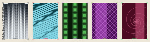 Swiss style geometric teal and purple line poster set with five designs. Featuring wave lines, dot matrix, crosshatch patterns for wall art and print.