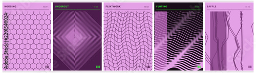 Swiss style geometric purple poster set with five designs. Features hexagon, lens nested, wave lines patterns. Vector illustration for poster, print and home decor use.