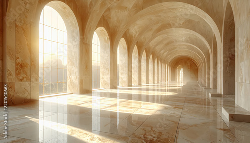 Grand marble hallway with arches and sunlight streaming through large windows