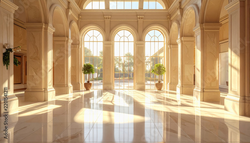Sunlit grand hallway with classical columns and arched windows overlooking a garden