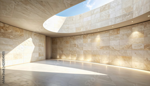 Modern empty interior space with stone walls and a skylight