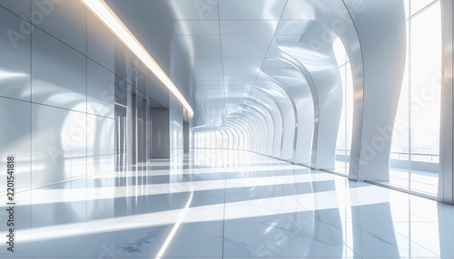 Modern futuristic interior hallway with sleek white curved walls and bright sunlight reflecting on the shiny floor