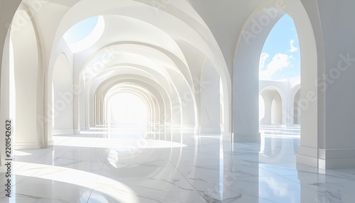 Luxurious white marble colonnade with arches and skylights, bathed in bright sunlight