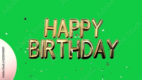 HAP popping up, gold letters inflating into HAPPY BIRTHDAY, confetti falling on transparent plane