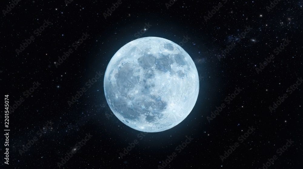 Fototapeta premium Full moon glowing in the dark night sky surrounded by distant stars in deep space