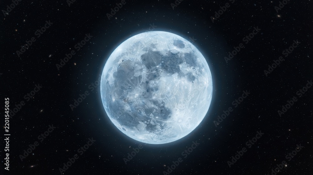 Obraz premium Full moon glowing in the dark starry night sky with deep black space background