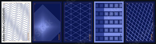 Modern geometric navy line poster set with five designs. Featuring wave lines, diamond nested, crosshatch patterns for wall art and print.