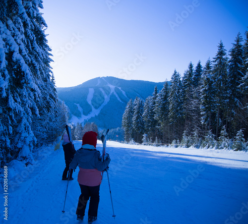 skiers and snow-covered mountains