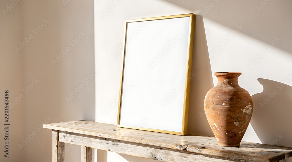 Obraz premium Minimalist interior mockup featuring a blank vertical golden picture frame leaning on a rustic wooden table next to an ancient terracotta clay vase against a white wall with sunlight shadows.