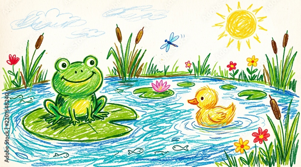 Fototapeta premium Children's Hand Drawn Crayon Illustration of Frog and Duckling in Pond
