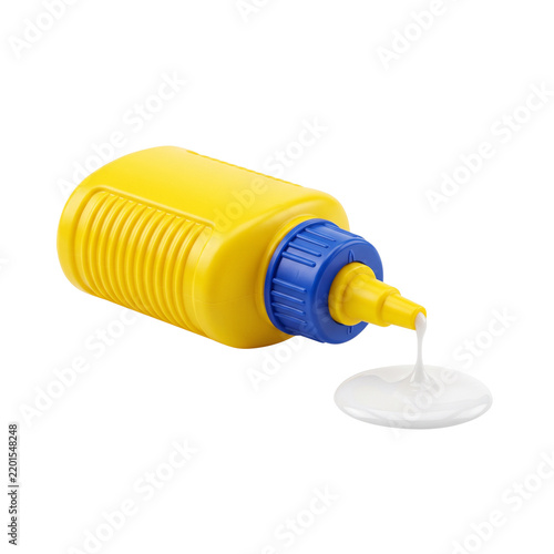 Yellow Glue Bottle with Blue Cap, Dripping White Adhesive, Isolated
